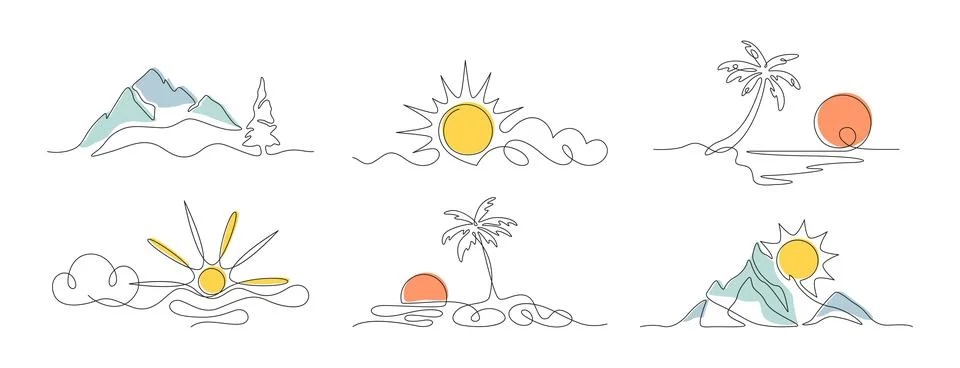 Continuous one line sun with clouds, tropical landscape with liner mountains Stock Illustration