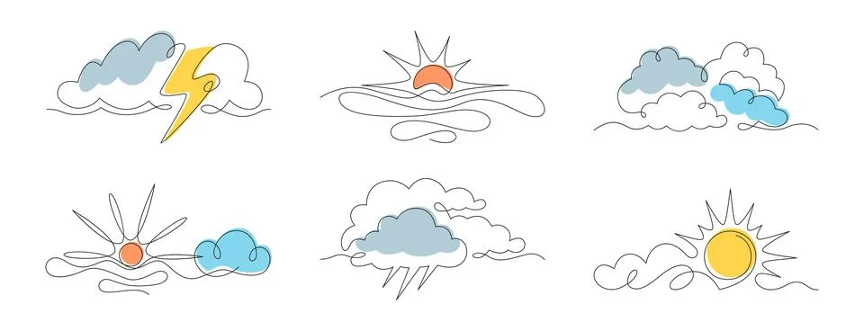 Continuous one line sun with clouds, thundercloud and lightning Stock Illustration