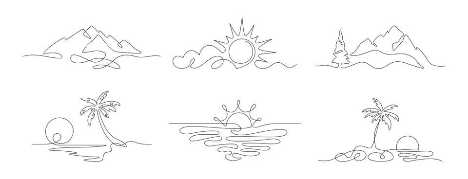 Continuous one line sun with clouds, tropical landscape with liner mountains Stock Illustration