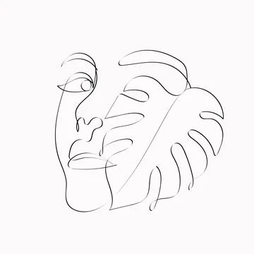 Continuous one simple single abstract line drawing monstered leaves icon Stock Illustration