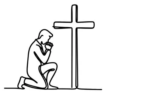 Continuous one single black line drawing person kneeling and praying in fro.. Stock Illustration