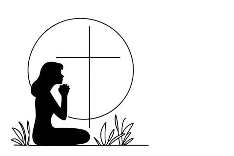 Continuous one single black line drawing person kneeling and praying in fro.. Stock Illustration