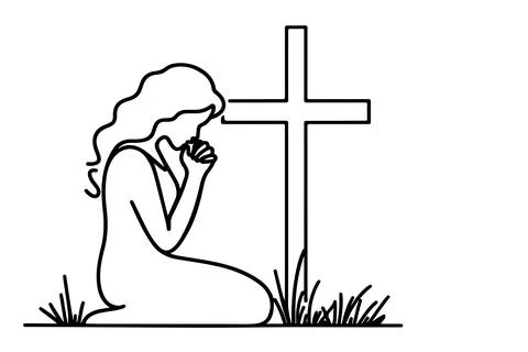 Continuous one single black line drawing person kneeling and praying in fro.. Stock Illustration