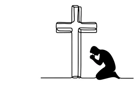 Continuous one single black line drawing person kneeling and praying in fro.. Stock Illustration