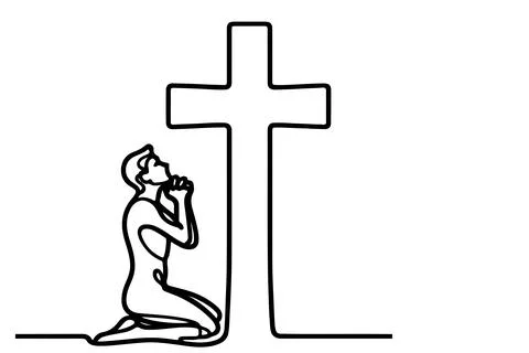 Continuous one single black line drawing person kneeling and praying in fro.. Stock Illustration
