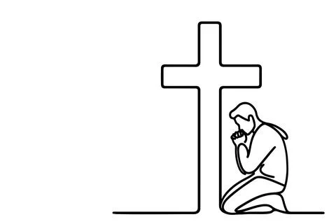 Continuous one single black line drawing person kneeling and praying in fro.. Stock Illustration