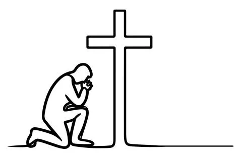 Continuous one single black line drawing person kneeling and praying in fro.. Stock Illustration