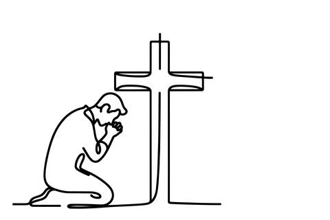 Continuous one single black line drawing person kneeling and praying in fro.. Stock Illustration