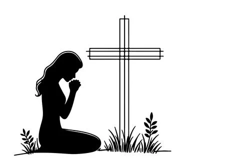 Continuous one single black line drawing person kneeling and praying in fro.. Stock Illustration