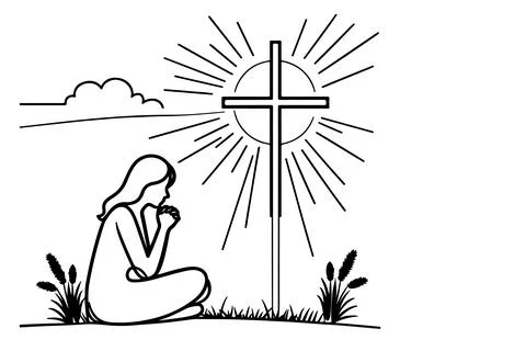 Continuous one single black line drawing person kneeling and praying in fro.. Stock Illustration