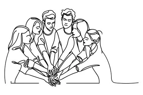 Continuous one single black line drawing teamwork group of friends put thei.. Stock Illustration