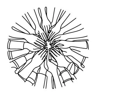 Continuous one single black line drawing teamwork group of friends put thei.. Stock Illustration