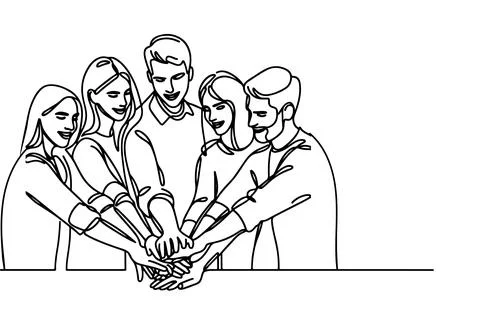 Continuous one single black line drawing teamwork group of friends put thei.. Stock Illustration