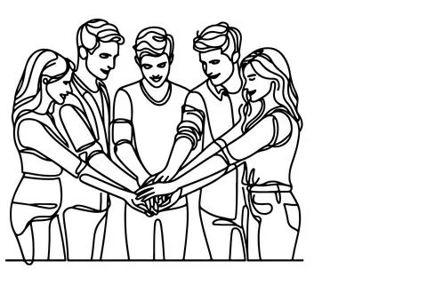 Continuous one single black line drawing teamwork group of friends put thei.. Illustrazione stock