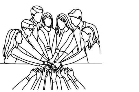 Continuous one single black line drawing teamwork group of friends put thei.. Stock Illustration
