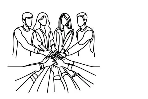 Continuous one single black line drawing teamwork group of friends put thei.. Stock Illustration