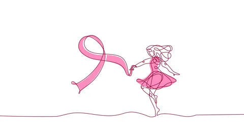 Continuous one single line of abstract woman dancing holding pink ribbon Stock Footage 227543682