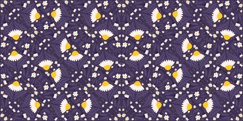 Continuous pattern with midnight violet daisy elements. Chamomile repeats o.. 스톡 일러스트
