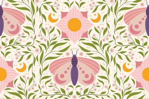Continuous pattern with a whimsical moth, flowers, and leaves. Delicate folk- Stock Illustration