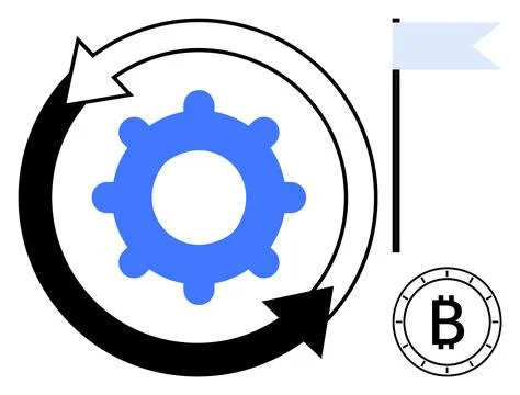 Continuous Process Cycle with Gear, Bitcoin Symbol, and Flag for Progress R.. Stock Illustration