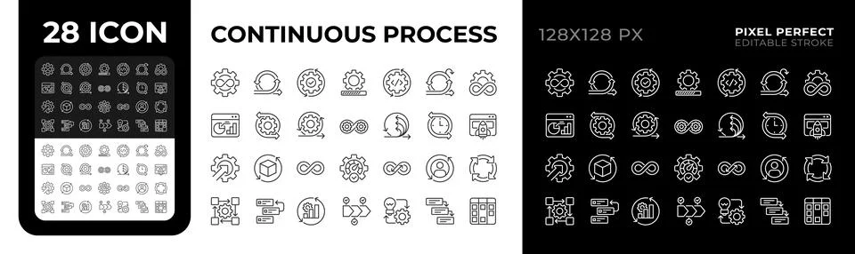 Continuous process pixel perfect black and white line icons set Illustrazione stock