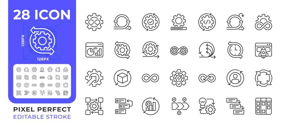 Continuous process pixel perfect line icons set Stock Illustration