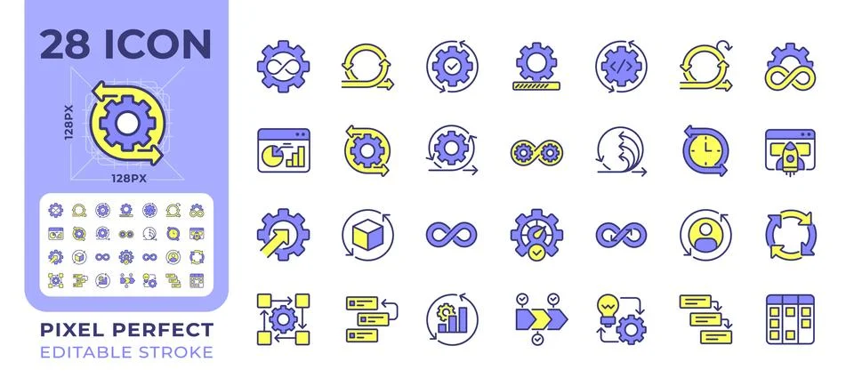 Continuous process pixel perfect line color icons set Stockillustratie