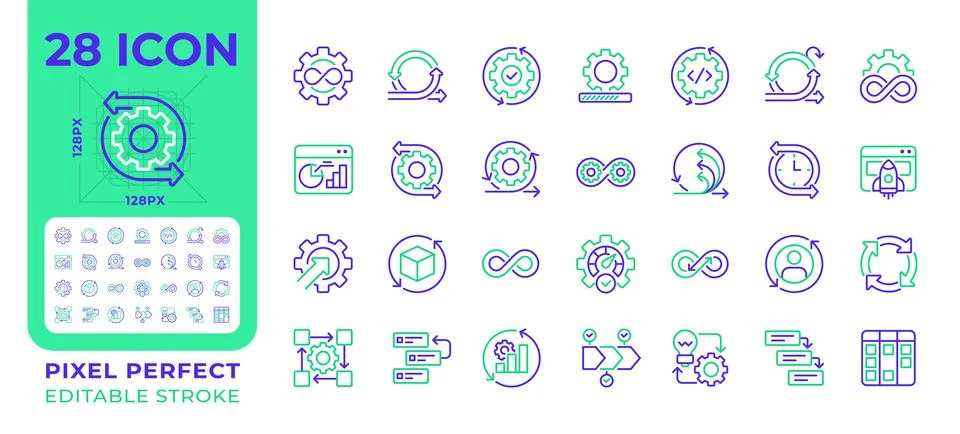 Continuous process pixel perfect two color line icons set Stockillustratie