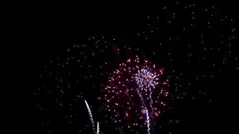 Continuous purple and white fireworks burst in the sky Stock Footage 329675844