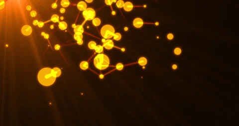 A continuous rotation of a dense cluster of glowing golden plexus nodes 스톡 동영상 345840092
