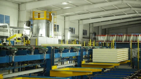 Continuous sandwich panel production line. Stock Footage 130007991