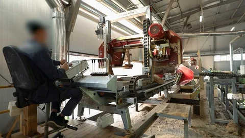Continuous sawing of a log on a power-saw bench, sawing wood at a sawmill Stock Footage 107776846