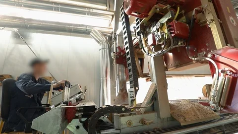 Continuous sawing of a log on a power-saw bench, sawing wood at a sawmill Stock Footage 111571014