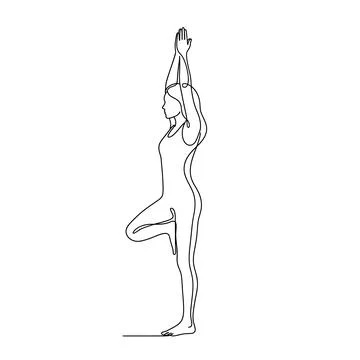 Continuous single line art drawing of woman practicing yoga tree pose exercis Stock Illustration