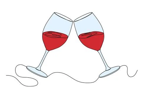 Continuous single line drawing of clinking wine glasses with red wine イラスト素材