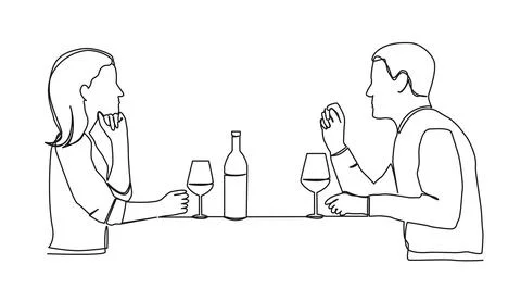 Continuous single line drawing of couple sitting at dinner table drinking wine イラスト素材