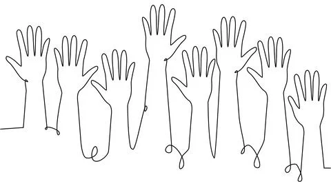 Continuous single line drawing of a group of hands raised up. The concept of  Stock Illustration
