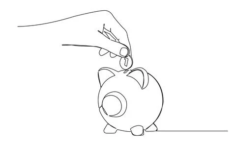 Continuous single line drawing of hand inserting coin into piggy bank Illustrazione stock
