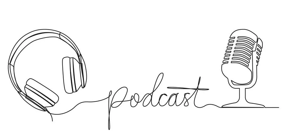 Continuous single line drawing of handwritten word PODCAST and microphone and Illustrazione stock