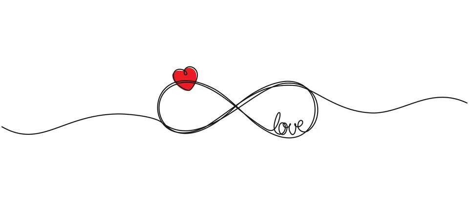 Continuous single line drawing of infinity symbol with word LOVE and heart shape 스톡 일러스트
