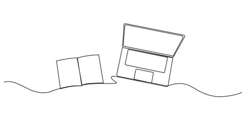 Continuous single line drawing of laptop computer and book Illustrazione stock