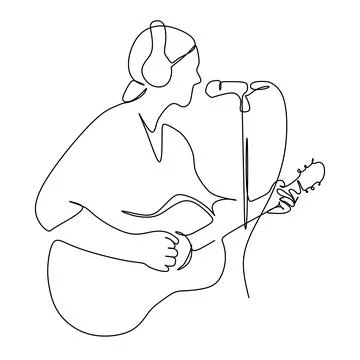 Continuous single line drawing of a male singer sing a song and play music. Stock Illustration