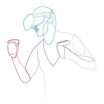 Continuous single line drawing of man in virtual reality headset and controller. 스톡 일러스트