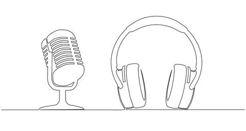 Continuous single line drawing of microphone and headphones, podcast concept Illustrazione stock