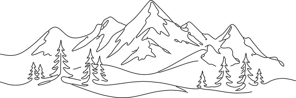 Continuous single line drawing of mountain range with pine forest trees Stock Illustration