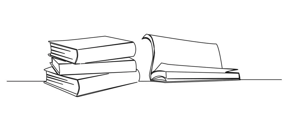 Continuous single line drawing of open book next to stack of books 스톡 일러스트