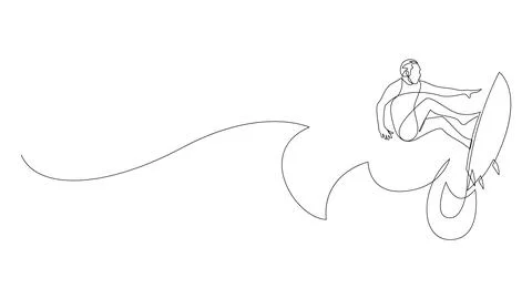 Continuous single line drawing of professional surfer in action riding the waves Stock Illustration