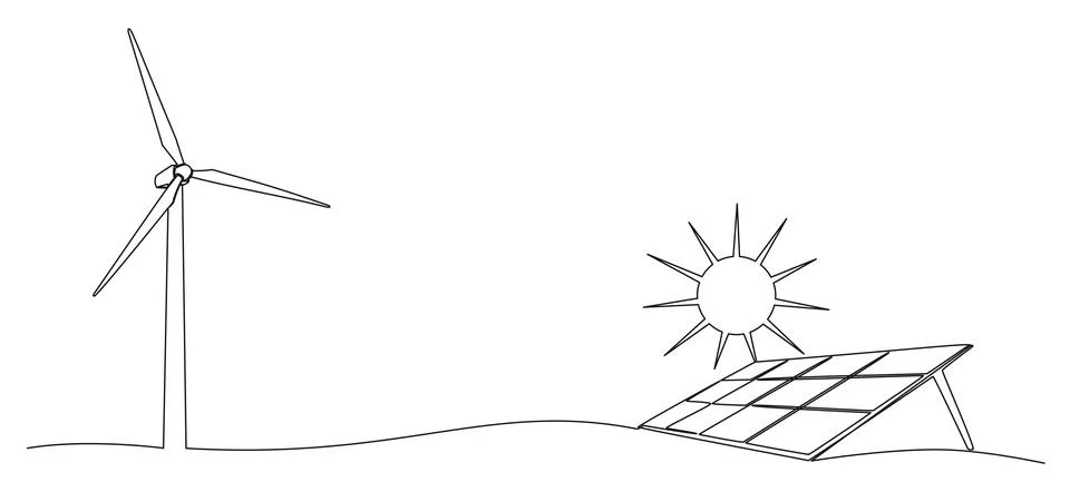 Continuous single line drawing of solar energy and wind power concept Stock Illustration
