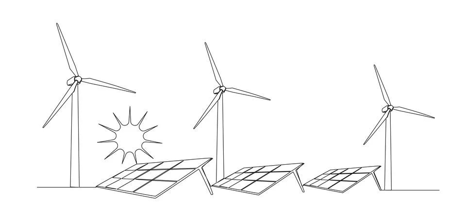 Continuous single line drawing of solar energy and wind power concept イラスト素材