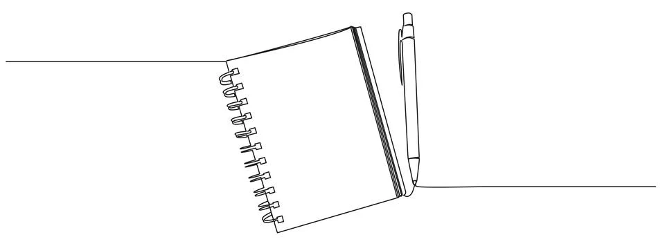 Continuous single line drawing of spiral notepad and pen Illustrazione stock